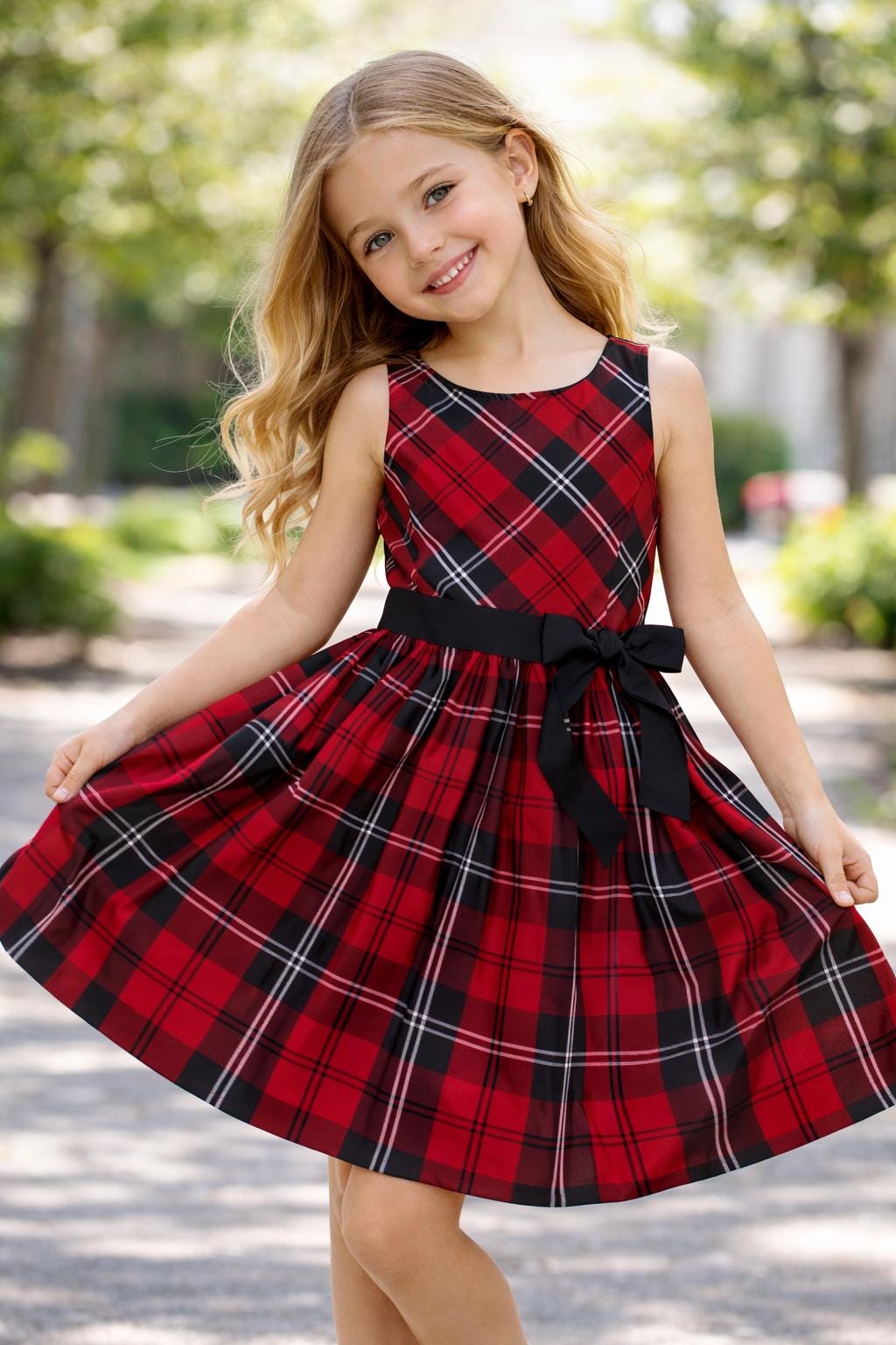 knee length dresses for ladies Cassie Check Tea Dress-Red, Blue and Green Check main image 0