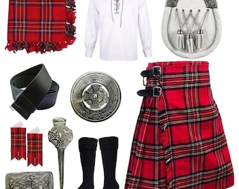 Conjunto de kilt escocés de 10 piezas con tartán de las Tierras Altas / Conjuntos de atuendo escocés vintage con cruz celta para festivales de hombre. Disponible en más de 50 tartanes.