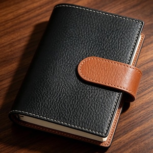 Puede incluir: Un cuaderno negro con textura y costuras blancas en los bordes. El cuaderno cuenta con una correa de cierre de color marrón claro que asegura la cubierta frontal. Las páginas interiores son visibles a lo largo del lateral del libro.