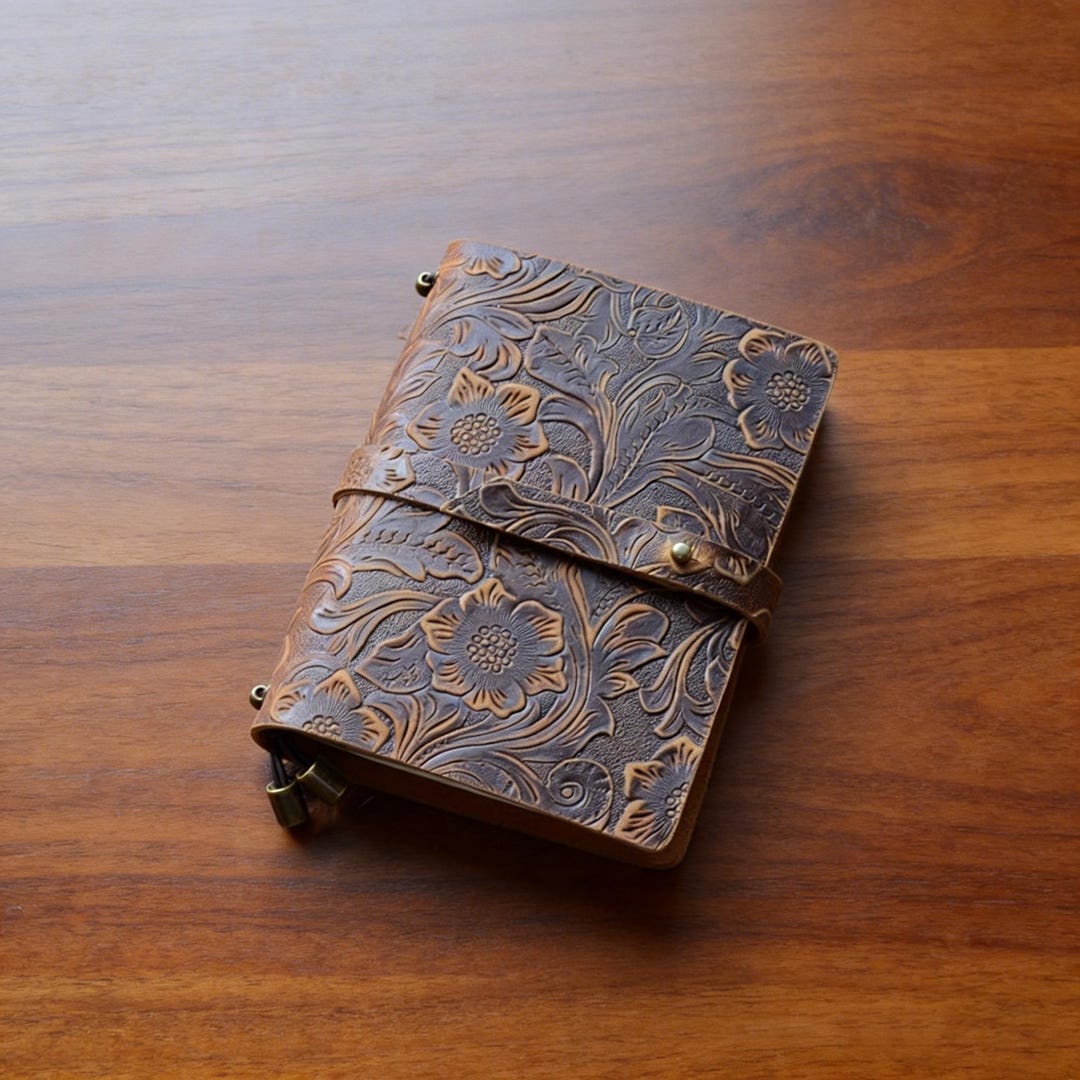 Rustic Refillable Vintage Floral Embossed Leather Travel Journal, Handmade Distressed ...