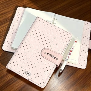 A6 Refillable Binder Planner, Dotted Star Polka Dot PU Leather Journal,Magnetic Snap Closure Notebook,Cute Kawaii Student Diary,Gift For Her