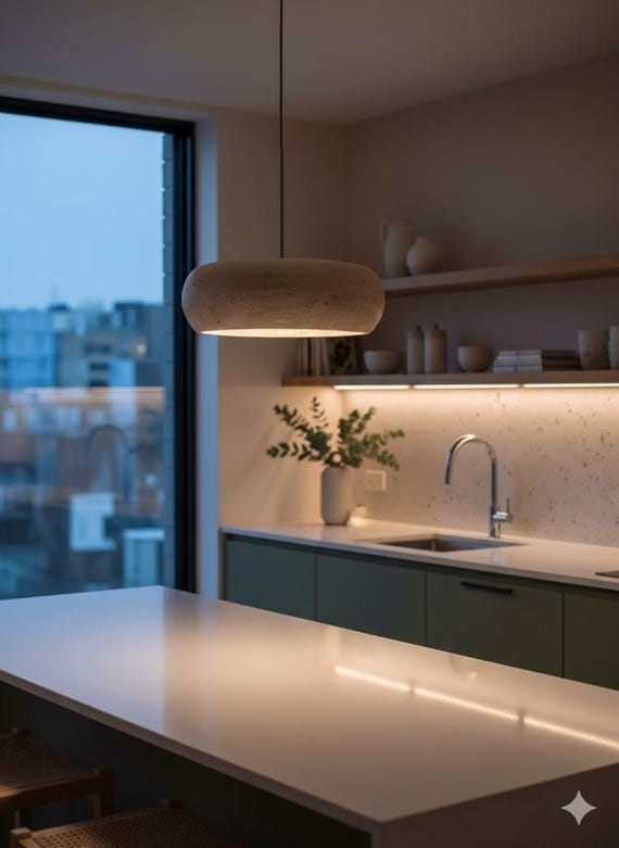 Lampe Suspendue en Pierre Travertin Beige – Luminaire LED Moderne & Naturel, Suspension Design pour Chambre, Salon ou Salle à Manger