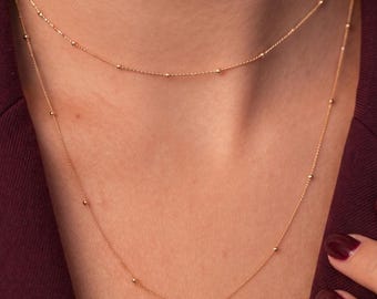 14K Solid Gold Satellite Necklace | Minimalist Beaded Layering Chain Everyday Jewelry
