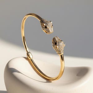 14K Solid Gold Panther Head Cuff Bracelet | Leopard Luxury Open Bangle | Statement Animal Jewelry