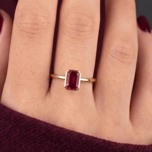 14K Solid Gold Emerald Cut Ruby Ring | Bezel Set Solitaire Engagement Ring