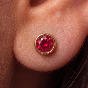 14K Solid Gold Ruby Stud Earrings | Bezel Red Gemstone Earrings