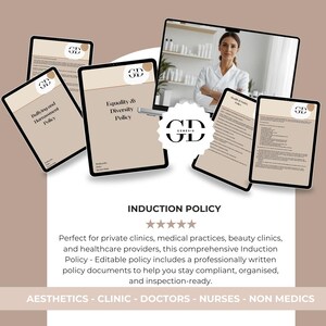 Puede incluir: Imagen con varias tabletas digitales con bordes negros, mostrando documentos con el logo "GD". Los documentos incluyen títulos como "Política de acoso y hostigamiento" y "Política de igualdad y diversidad". Una mujer con bata blanca es visible en una pantalla.