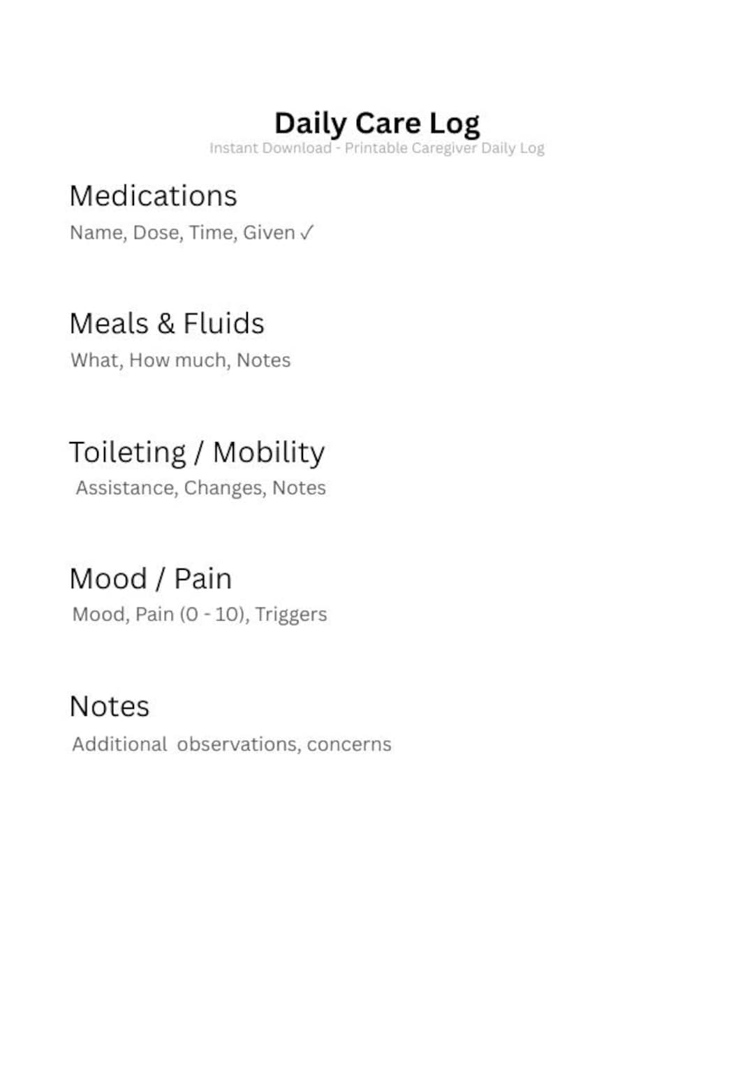 Daily Carenotes Caregiver Daily Log Printable | Care Notes & Medication Tracker | PDF ...
