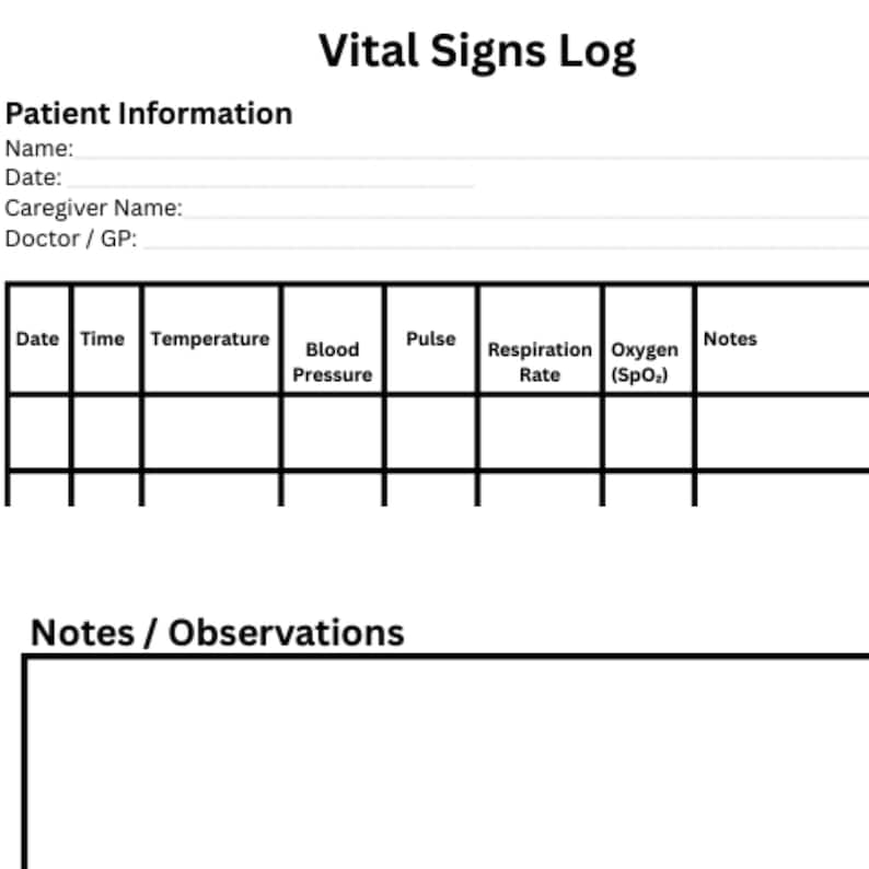 Vital Signs Log zum Ausdrucken, Blutdruck und Puls Tracker, Patienten ...