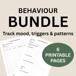Op de afbeelding: De afbeelding toont een "BEHAVIOUR BUNDLE" met de tekst "Track mood, triggers & patterns". Er zijn twee formulieren zichtbaar, één met het label "Behaviour & Mood Tracker" en de andere "Care Incident Report Form". Een groene cirkel zegt "6 PRINTABLE PAGES".