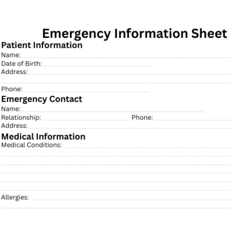 Emergency Information Sheet Printable, Medical Contact and Health ...