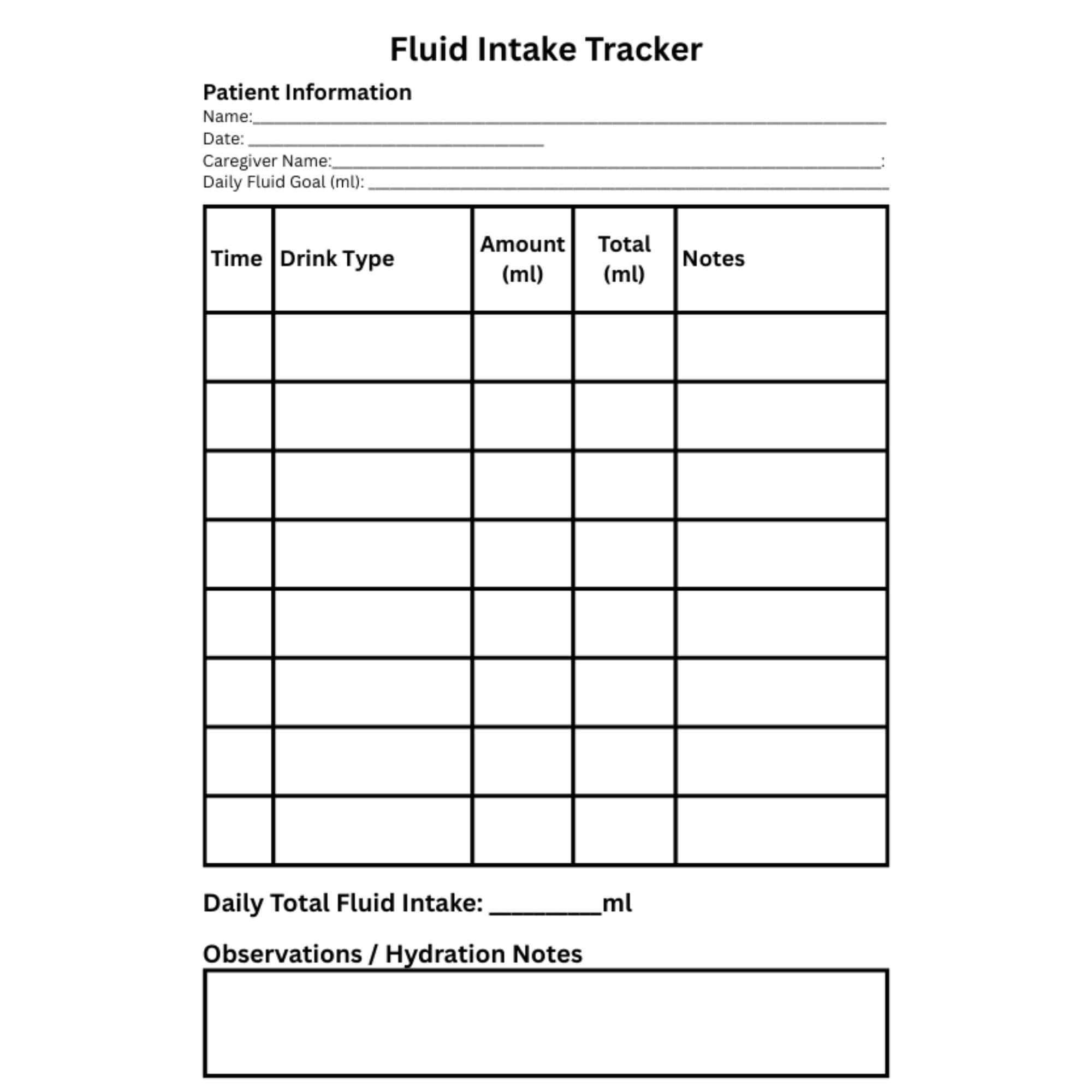 Fluid Intake Tracker Printable, Hydration Log Sheet, Patient Fluid ...