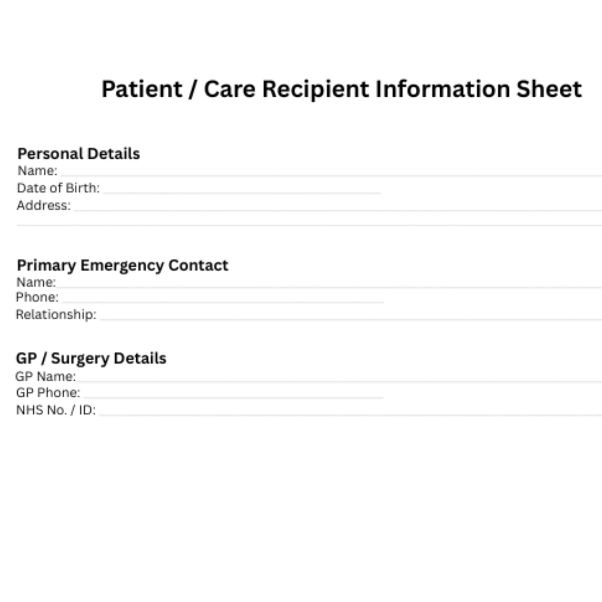 Medical Profile Form Example Patient Information Sheet Printable, Medical Profile Form, Emergency ...