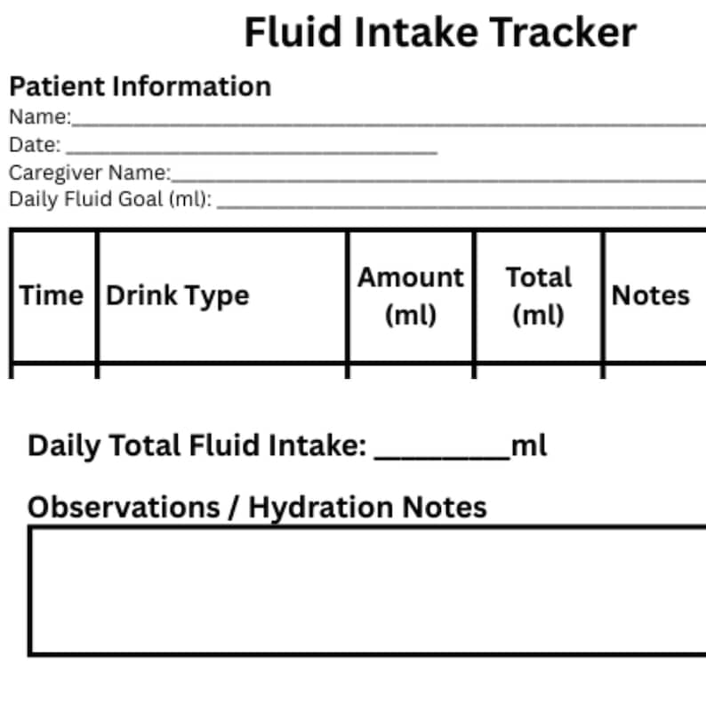 Check Fluids Daily Fluid Intake Tracker Printable, Hydration Log Sheet, Patient Fluid ...