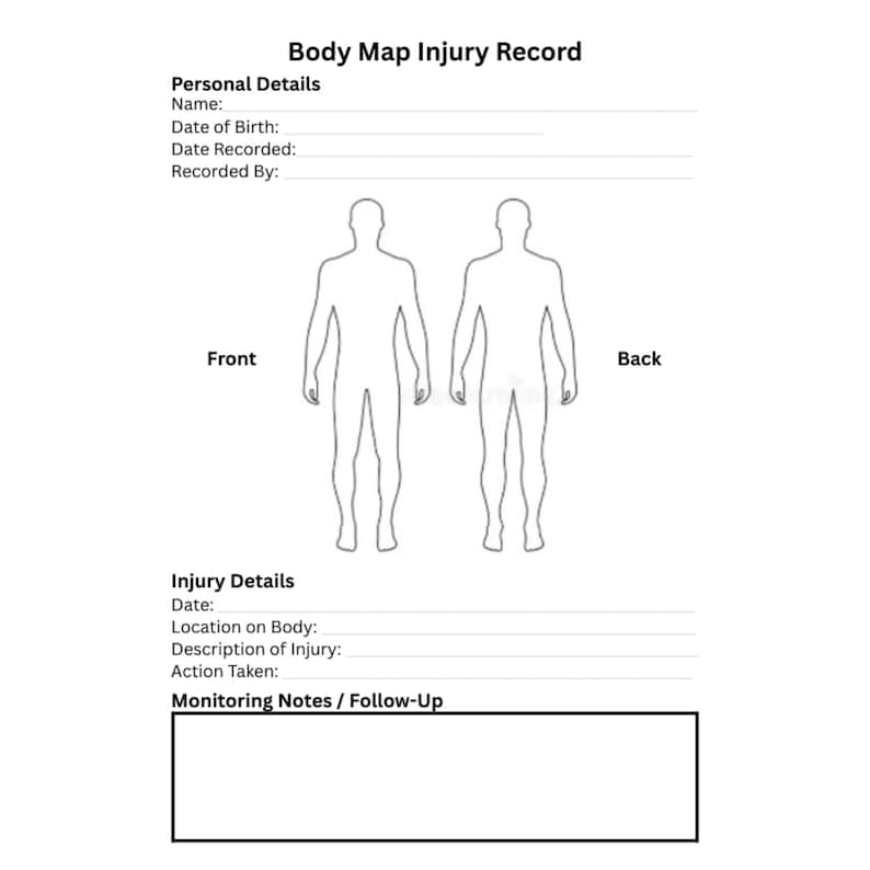 Body Map Injury Record Printable, Injury Tracking Form, Caregiver ...