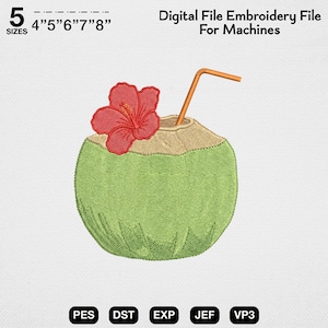 Diseño de bordado de bebida de coco, archivo de bordado de coco tropical, diseño de coco hibisco, bordado de playa de verano, patrón de bebida hawaiana