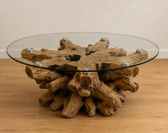 Organic Tree Root Glass Coffee Table, Round Tempered Glass Table, Rustic Natural Wood Coffee Table, Unique Living Room Furniture