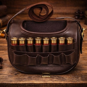 May include: A brown leather cartridge bag with a shoulder strap, featuring multiple pockets and holding several shotgun shells. The bag is set against a wooden background, suggesting a hunting or outdoor theme.