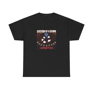 May include: Black t-shirt featuring the band name "SYSTEM OF A DOWN" above a graphic design with the word "HYPNOTIZE" in red. The graphic includes a white and blue design with a red and black background.