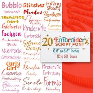 Può includere: Una collezione di font per ricamo in vari stili e colori. L'immagine include una scheda che recita "20 Embroidery Script Font" con dimensioni da 1,3 a 8,9 cm e da 12 a 50 dimensioni.