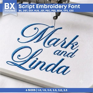 May include: A digital embroidery file featuring a blue script font stitched onto white fabric. The text reads Mark and Linda. The design includes file formats BX, DST, EXP, HUS, JEF, PEC, PES, SEW, VP3, XXX and is available in 6 sizes from 1.0 to 3.5 cm.
