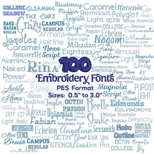 Paquete de 100 fuentes icónicas para bordado, formato PES, de 3 a 16 tamaños cada una, fuentes inspiradas en personajes y películas para máquinas de bordar + bono de regalo