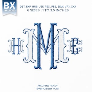 Puede incluir: Un monograma de bordado a máquina azul y blanco con las letras HME en una fuente serif decorativa. El diseño incluye texto sobre BX included, formatos de archivo DST, EXP, HUS, JEF, PEC, PES, SEW, VP3, XXX y 6 tamaños de 2,5 a 8,9 cm.