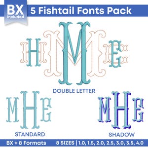 Puede incluir: Un paquete de diseños de bordado digital titulado 5 Fishtail Fonts Pack que muestra ejemplos de monogramas en estilos estándar y sombra. Las letras M, H y E aparecen en azul claro con remates decorativos. Incluye formato BX.