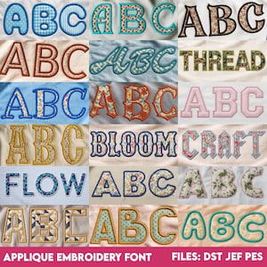 May include: A collection of embroidered letters and words in various styles and colors. The letters include floral, patterned, and solid designs. The words "THREAD", "BLOOM", "CRAFT", and "FLOW" are also displayed. The text "APPLIQUE EMBROIDERY FONT" is at the bottom.