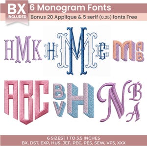 May include: A digital embroidery design set featuring 6 monogram fonts, including bonus 20 applique and 5 serif fonts. The image displays various letter combinations in purple, blue, and pink thread textures, with text indicating 6 sizes from 1 to 3.5 inches.