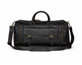 Black Leather Duffle Bag Men-Leather Weekender Travel Bag With Shoe Compartment-Large Overnight Bag-Carry On Gym Travel Duffel