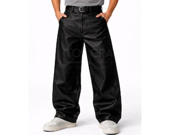 Men’s Black Leather Pants Wide Leg Baggy Genuine Leather Trousers-Streetwear Loose Fit Vintage Style High Waist Pants