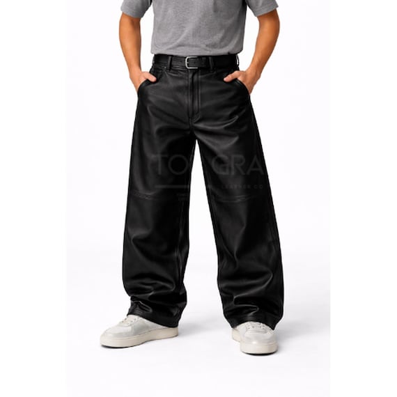 Men’s Black Leather Pants Wide Leg Baggy Genuine Leather Trousers-Streetwear Loose Fit Vintage Style High Waist Pants