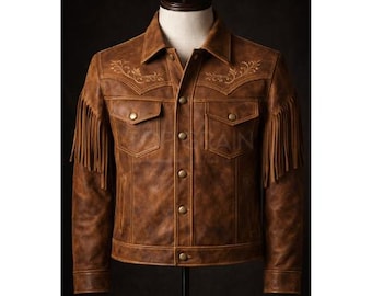 Veste en cuir marron pour homme à franges - Style cowboy occidental fait main