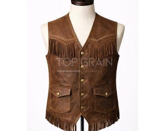 Braune Herren Leder Fransenweste - Handgefertigter Western Cowboy Stil