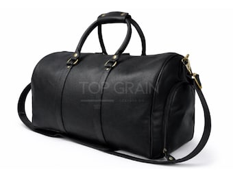 Leather Duffle Bag for Men – Black Carry On Travel Weekender - Overnight Gym Bag