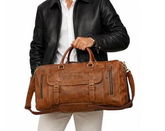 Full Grain Leather Duffle Bag Men-Leather Weekender Travel Bag With Shoe Compartment- Vintage Overnight Bag-Large Carry On