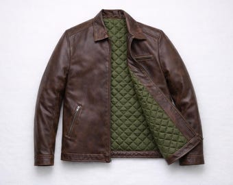 Men's Brown Genuine Leather Jacket – Quilted Lined Vintage Style Biker Coat