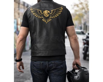 Herren schwarze Leder Biker Weste: Adler gestickte Motorradweste
