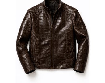 Brown Crocodile Embossed Leather Jacket - Mens Genuine Cowhide Biker Jacket - Vintage Zip Up Motorcycle Leather Coat Custom Fit Gift