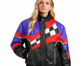 Damen Color Block Lederjacke-Retro Racing Style Moto Jacke-Echtes Leder Bikerjacke-Oversized Streetwear Mantel