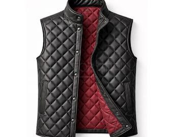Mens Black Quilted Leather Vest - Slim Fit Biker Waistcoat