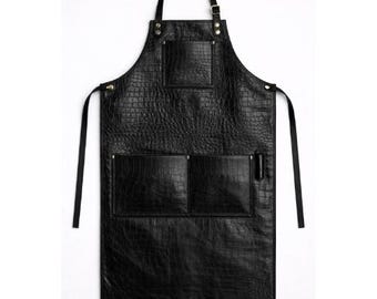 Handmade Black Crocodile Embossed Leather Apron: Heavy Duty Workshop