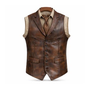 Puede incluir: Un chaleco de cuero marrón con solapa de muesca, dos bolsillos delanteros y cierre de botones. El chaleco se lleva sobre una camisa y corbata marrón claro. El chaleco tiene un aspecto vintage y desgastado.