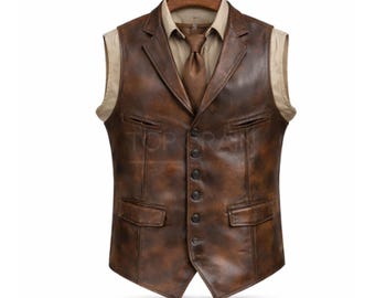 Mens Leather Vest-Vintage Brown Genuine Leather Waistcoat-Slim Fit Formal Vest-Smart Casual Style