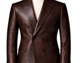 Brauner Echtleder Blazer In Einem Taillierten Zweireihigen Design. Entworfen für Smart Casual und Modern Menswear Styling