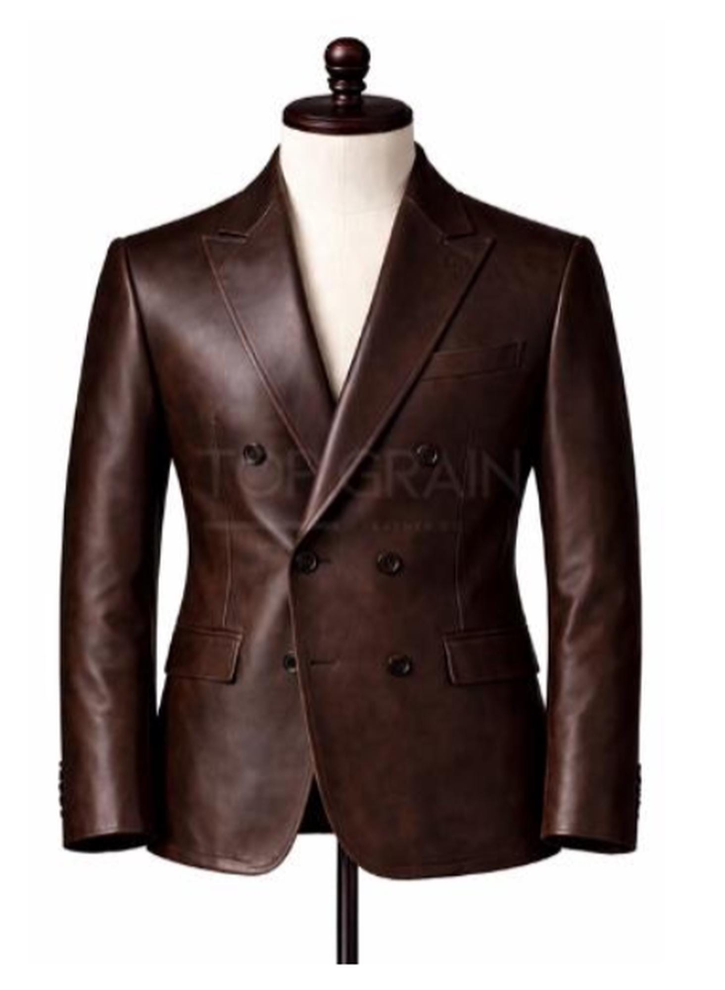 Brown Genuine Leather Blazer In A Tailored Double-Breasted Design.…