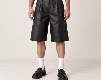 Bermuda en cuir noir pour homme - Jambes larges plissées, en cuir d'agneau véritable, style streetwear ample - Fait main, tailles S à 5XL