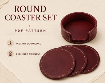 Rundes Lederuntersetzer-Set – PDF-Druckvorlage für Getränkeuntersetzer und Halter – DIY-Lederhandwerk für Anfänger – Sofortiger digitaler Download
