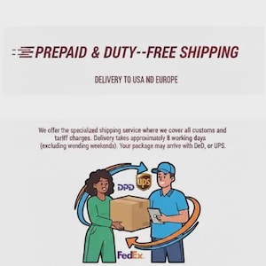 May include: Illustration of a woman in green and a man in blue holding a brown package. The image includes the text "PREPAID & DUTY--FREE SHIPPING" and "DELIVERY TO USA ND EUROPE". Logos for UPS, DPD, and FedEx are also present.